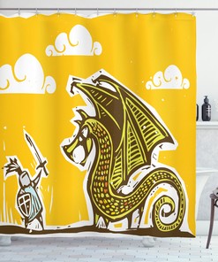 Knight with Dragon Print Shower Curtain - Yellow Bathroom Decor - Vintage Bathroom Accessory
