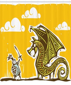 Knight with Dragon Print Shower Curtain - Yellow Bathroom Decor - Vintage Bathroom Accessory