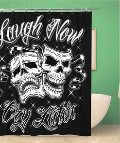 Laugh Now Cry Later Skull Shower Curtain for Drama Bathroom Decor