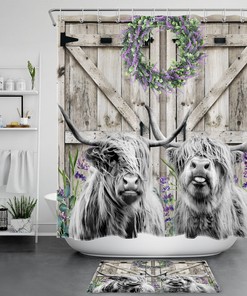Lavender Highland Cow on Rustic Wood Barn Shower Curtain for Bathroom Home Decor