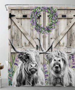Lavender Highland Cow on Rustic Wood Barn Shower Curtain for Bathroom Home Decor