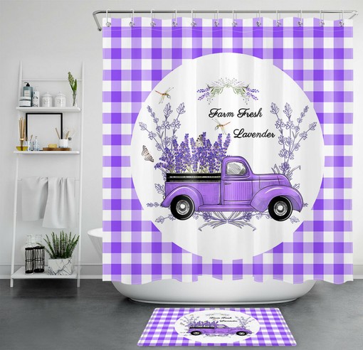 Lavender Plaid Truck Dragonfly Shower Curtain - Bathroom Decor