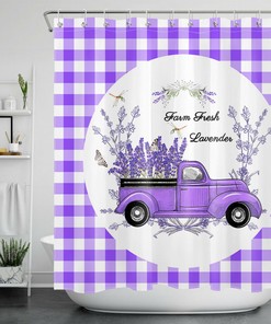 Lavender Plaid Truck Dragonfly Shower Curtain - Bathroom Decor