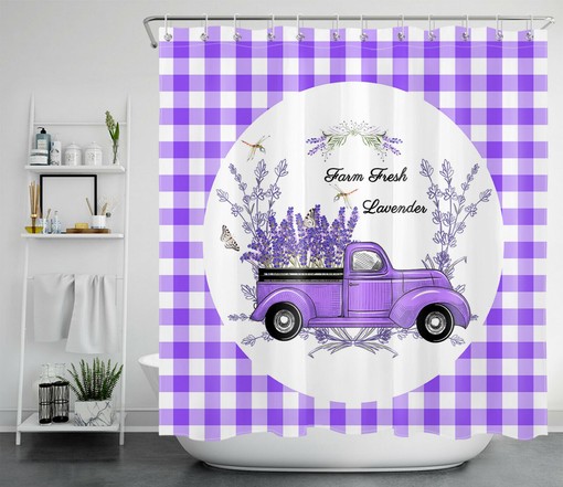 Lavender Plaid Truck Dragonfly Shower Curtain - Bathroom Decor