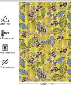 Lemon Bee Printed Shower Curtain for Yellow Bathroom Decor