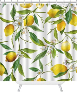 Lemon Fruits Shower Curtain with Floral Pattern for Fresh Bathroom Decor