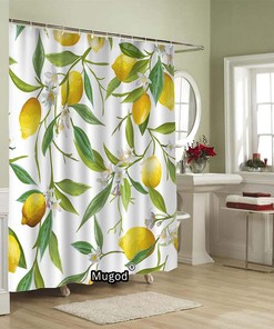 Lemon Fruits Shower Curtain with Floral Pattern for Fresh Bathroom Decor