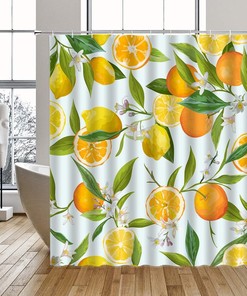 Lemon Shower Curtain with Funny Fruit Flowers Watercolor Citrus Floral Design for Summer Nature-Inspired Bathroom Decor