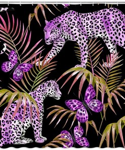 Leopard Palm Leaf Shower Curtain - African Wildlife and Cheetah Tiger Print on Fabric for Tropical Jungle Bathroom Decor