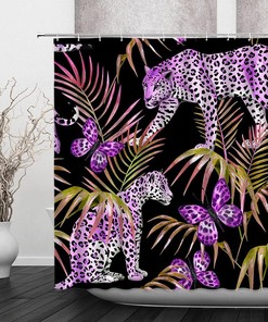 Leopard Palm Leaf Shower Curtain - African Wildlife and Cheetah Tiger Print on Fabric for Tropical Jungle Bathroom Decor