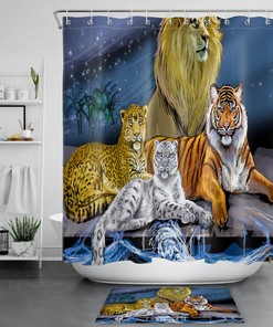 Lion, Tiger, and Leopard Shower Curtain with Wild Animal Print - Waterproof Fabric