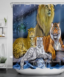Lion, Tiger, and Leopard Shower Curtain with Wild Animal Print - Waterproof Fabric