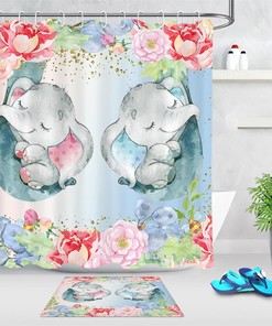 Little Elephant and Flowers Watercolor Shower Curtain - Bathroom Decor
