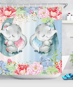 Little Elephant and Flowers Watercolor Shower Curtain - Bathroom Decor