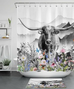 Longhorn Cow Butterfly Flower Shower Curtain - Western Farmhouse Bathroom Decor