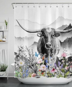 Longhorn Cow Butterfly Flower Shower Curtain - Western Farmhouse Bathroom Decor