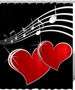 Love Heart and Music Notes Shower Curtain in Red for Bathroom Decor