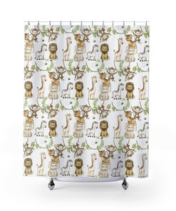 Lovely Watercolor Safari Jungle Animals Shower Curtain for Kids Bathroom Boy Girl Room Decor 