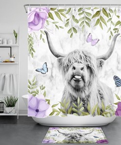 Make a Statement in Your Bathroom with Purple Floral Highland Cow and Marble Texture 