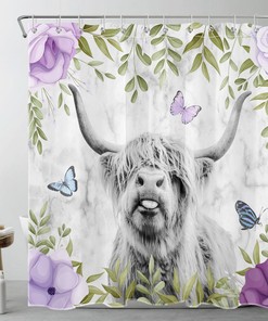 Make a Statement in Your Bathroom with Purple Floral Highland Cow and Marble Texture