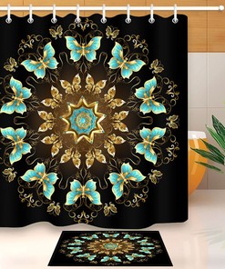 Mandala Blue Golden Butterfly Waterfall Shower Curtain for a Boho Bathroom Decor