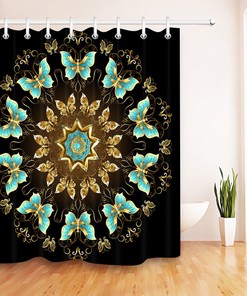 Mandala Blue Golden Butterfly Waterfall Shower Curtain for a Boho Bathroom Decor