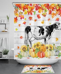 Maple Leaf and Pumpkin Cow Shower Curtain for Fall Season with Rustic Board Design