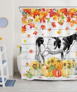 Maple Leaf and Pumpkin Cow Shower Curtain for Fall Season with Rustic Board Design