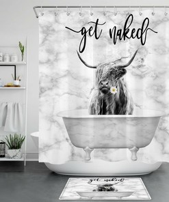 Marble Texture Funny Words Highland Cow Waterproof Shower Curtain 