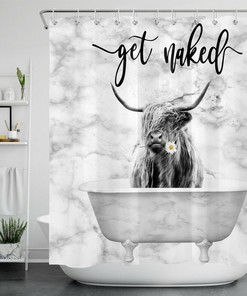 Marble Texture Funny Words Highland Cow Waterproof Shower Curtain