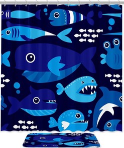 Marine Blue Dolphin Pattern Shower Curtain for Waterproof Bathroom Decor 