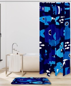Marine Blue Dolphin Pattern Shower Curtain for Waterproof Bathroom Decor