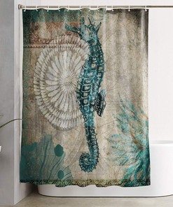 Marine Seahorse Retro Floral Shabby Back Shower Curtain - Ocean Life Map Themed Waterproof Bath Curtain for Home Decor