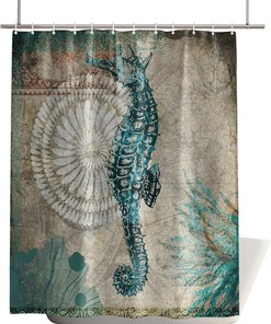 Marine Seahorse Retro Floral Shabby Back Shower Curtain - Ocean Life Map Themed Waterproof Bath Curtain for Home Decor