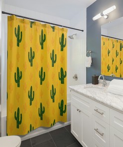 Matching Yellow Cactus Shower Curtain - Yellow Bath Decor - Cute Printed Bathroom Curtain