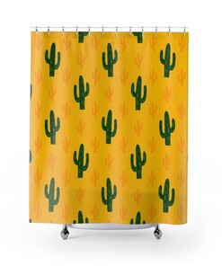Matching Yellow Cactus Shower Curtain - Yellow Bath Decor - Cute Printed Bathroom Curtain