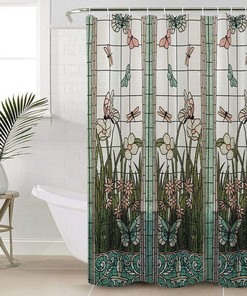 Meadow Flower and Dragonfly Print Stained Glass Shower Curtain