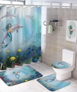 Mermaid and Dolphins Shower Curtain for Bathroom, Bathroom Decor