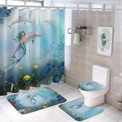 Mermaid and Dolphins Shower Curtain for Bathroom, Bathroom Decor