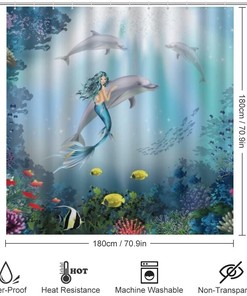 Mermaid and Dolphins Shower Curtain for Bathroom, Bathroom Decor