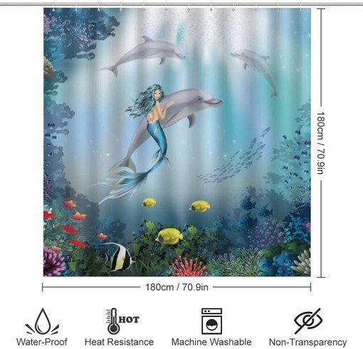 Mermaid and Dolphins Shower Curtain for Bathroom, Bathroom Decor