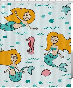 Mermaid and Seashell Shower Curtain with Seahorse for Home Decor