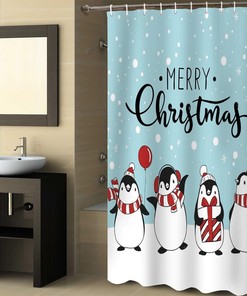 Merry Christmas Penguin Family Fabric Shower Curtain - Adorable Bathroom Decor