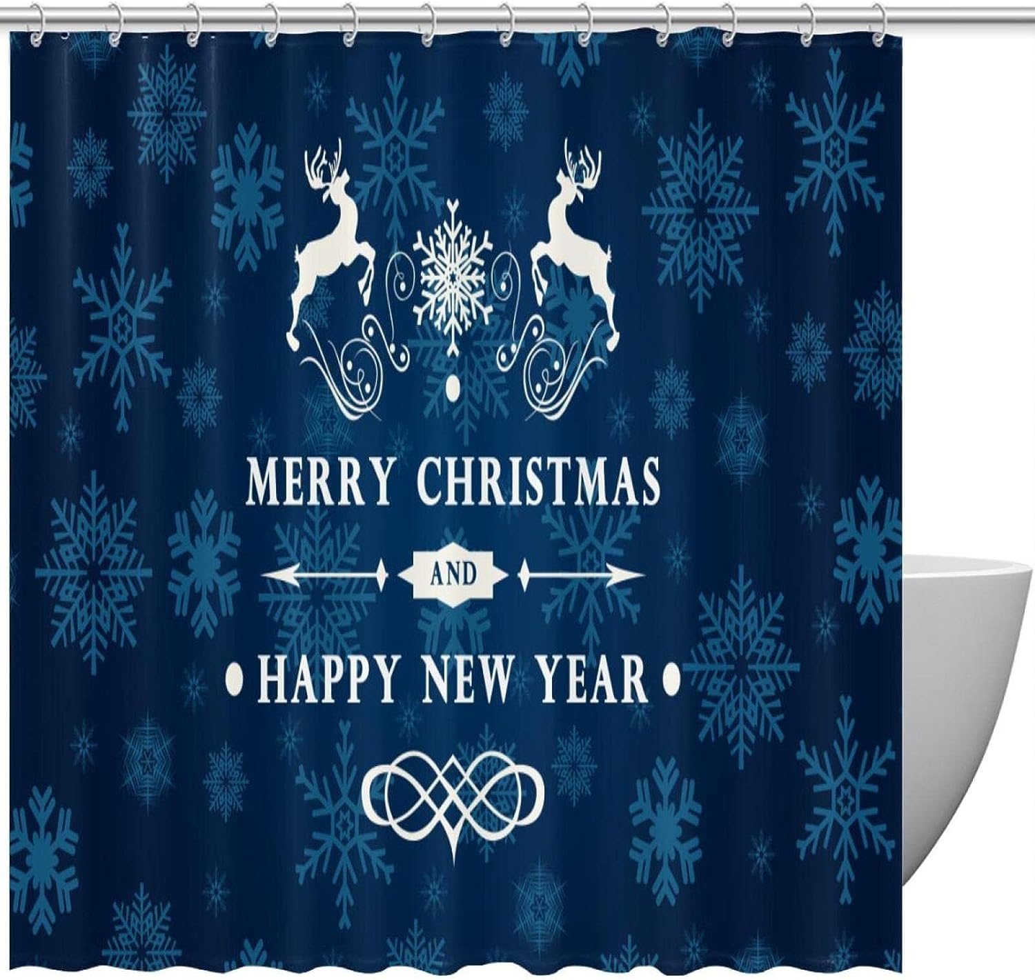 Merry Christmas Reindeer Snowflakes Fabric Shower Curtain for Bathroom Decor