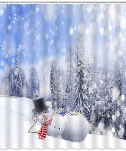 Merry Christmas Snowman Shower Curtain - Rustic Winter Scenery Print with Pine Tree and Snowflake for Farmhouse Bathroom Decor