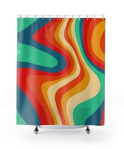Mid Century Modern 70s Retro Colorful Bold Swirl Shower Curtain in Groovy Burnt Orange and Teal Green Decor, Vintage Geometric Bathroom