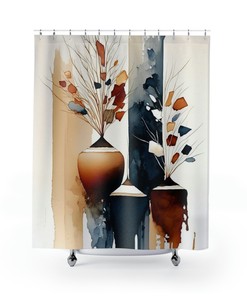 Mid-Century Boho Shower Curtain - Navy, Rust, and Cream Beige Watercolor Fabric Curtain for Stunning Bathroom Decor