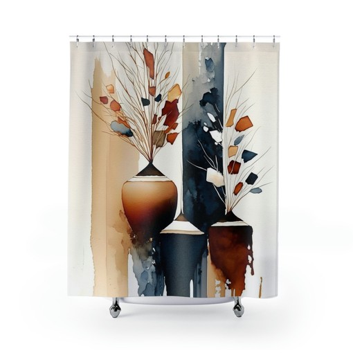 Mid-Century Boho Shower Curtain - Navy, Rust, and Cream Beige Watercolor Fabric Curtain for Stunning Bathroom Decor
