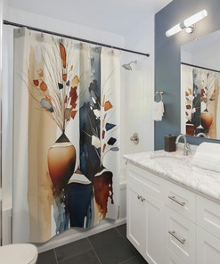 Mid-Century Boho Shower Curtain - Navy, Rust, and Cream Beige Watercolor Fabric Curtain for Stunning Bathroom Decor