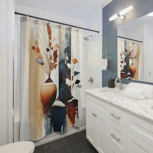 Mid-Century Boho Shower Curtain - Navy, Rust, and Cream Beige Watercolor Fabric Curtain for Stunning Bathroom Decor